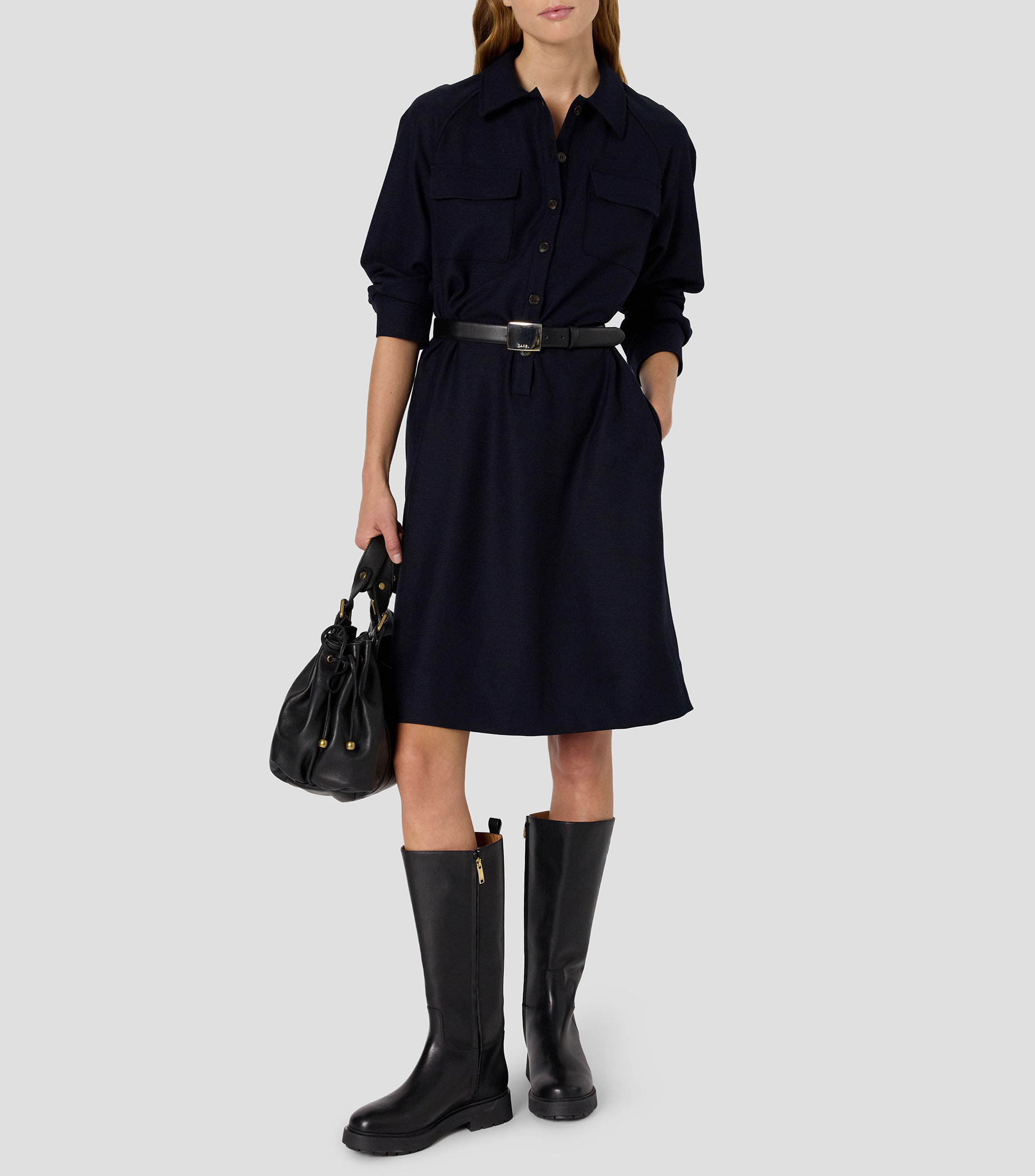 Vestido midi de manga larga liso Mujer